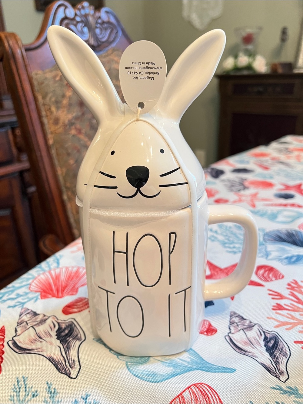 Rae Dunn White Ceramic Bunny "HOP TO IT" Mug NWT